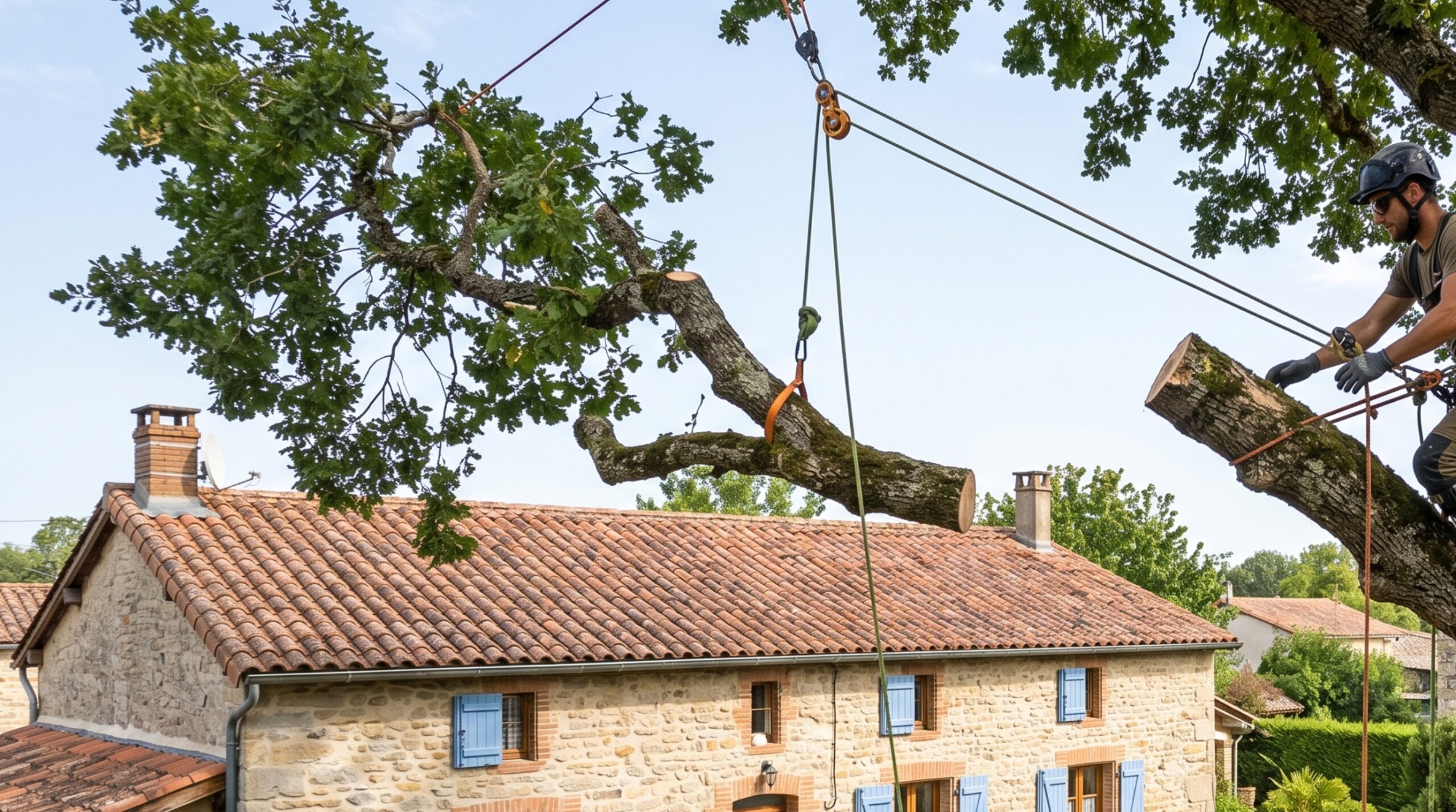 arboriste grimpeur réalisant un abattage délicat d’arbre près d’une maison à Verfeil arboriste grimpeur réalisant un abattage délicat d’arbre près d’une maison à Verfeil